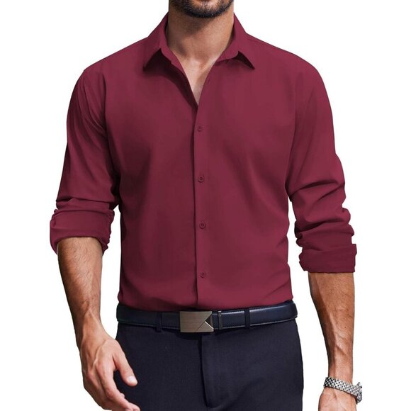 Coofandy Men Solid Wine Red Long Sleeve Button Down Regular Fit Business Shirt